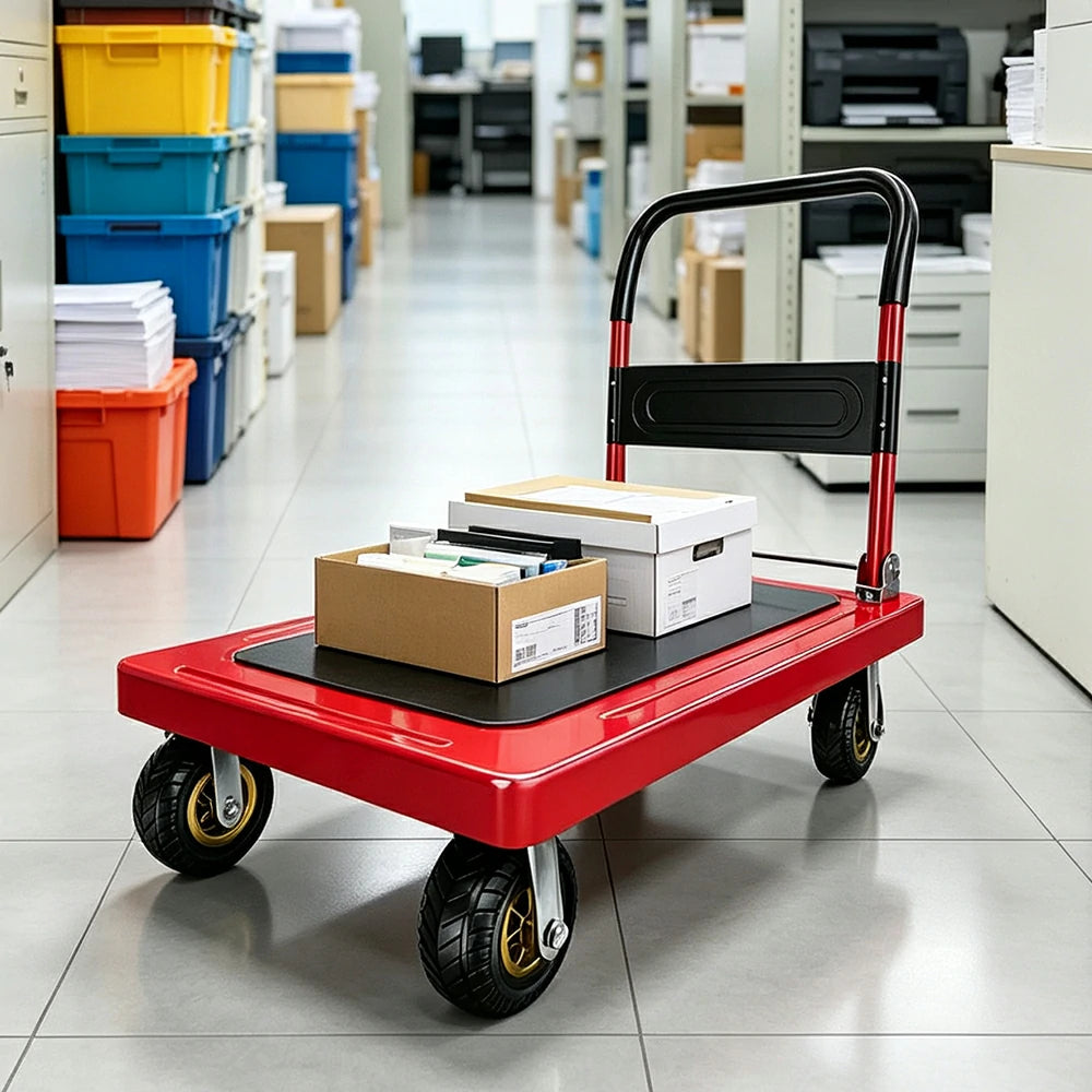 GROVIA Heavy Duty Steel Platform Trolley Thickened Steel Plate Reinforced Cross Beam Folding Handle 73/90cm for Warehouse Factory Use - Red