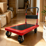 GROVIA Heavy Duty Steel Platform Trolley Thickened Steel Plate Reinforced Cross Beam Folding Handle 73/90cm for Warehouse Factory Use - Red