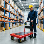 GROVIA Heavy Duty Steel Platform Trolley Thickened Steel Plate Reinforced Cross Beam Folding Handle 73/90cm for Warehouse Factory Use - Red