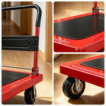 GROVIA Heavy Duty Steel Platform Trolley Thickened Steel Plate Reinforced Cross Beam Folding Handle 73/90cm for Warehouse Factory Use - Red