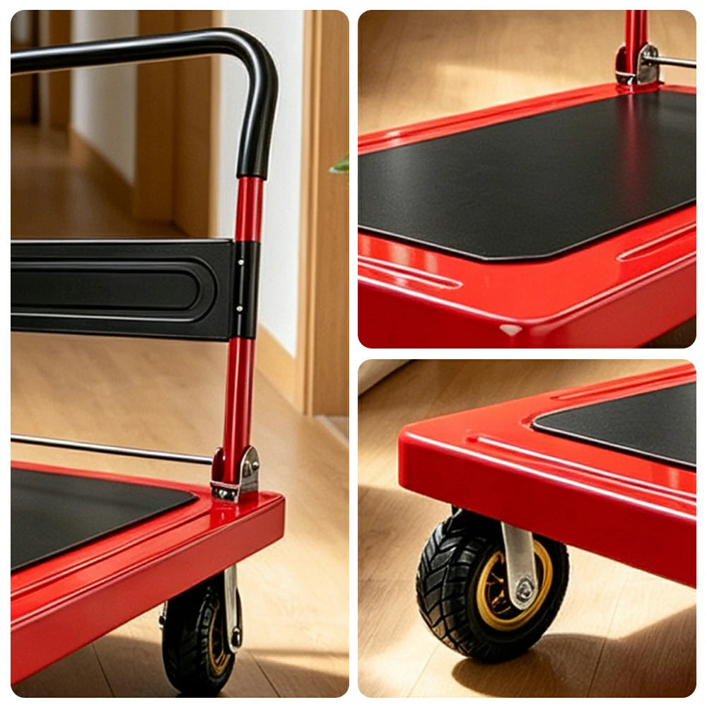 GROVIA Heavy Duty Steel Platform Trolley Thickened Steel Plate Reinforced Cross Beam Folding Handle 73/90cm for Warehouse Factory Use - Red