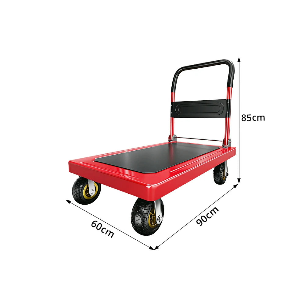 GROVIA Heavy Duty Steel Platform Trolley Thickened Steel Plate Reinforced Cross Beam Folding Handle 73/90cm for Warehouse Factory Use - Red