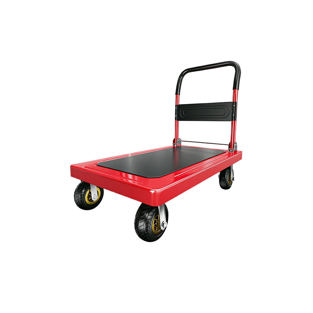 GROVIA Heavy Duty Steel Platform Trolley Thickened Steel Plate Reinforced Cross Beam Folding Handle 73/90cm for Warehouse Factory Use - Red
