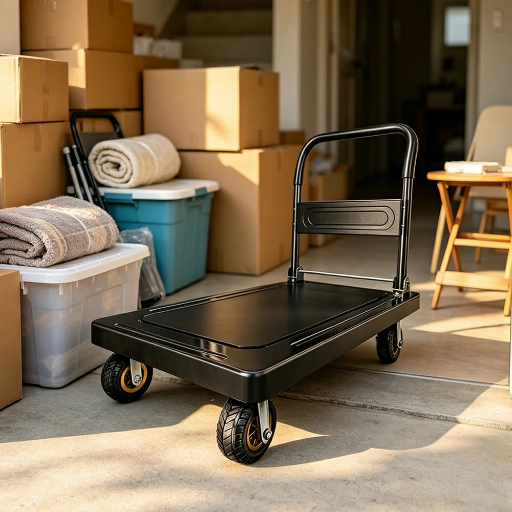 GROVIA Heavy Duty Steel Platform Trolley Thickened Steel Plate Reinforced Cross Beam Folding Handle 73/90cm for Warehouse Factory Use - Black