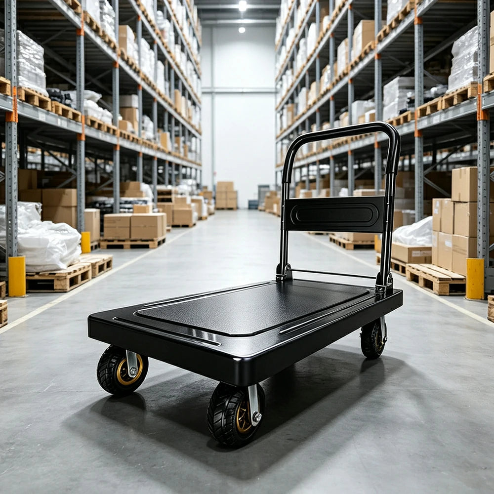 GROVIA Heavy Duty Steel Platform Trolley Thickened Steel Plate Reinforced Cross Beam Folding Handle 73/90cm for Warehouse Factory Use - Black