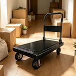 GROVIA Heavy Duty Steel Platform Trolley Thickened Steel Plate Reinforced Cross Beam Folding Handle 73/90cm for Warehouse Factory Use - Black