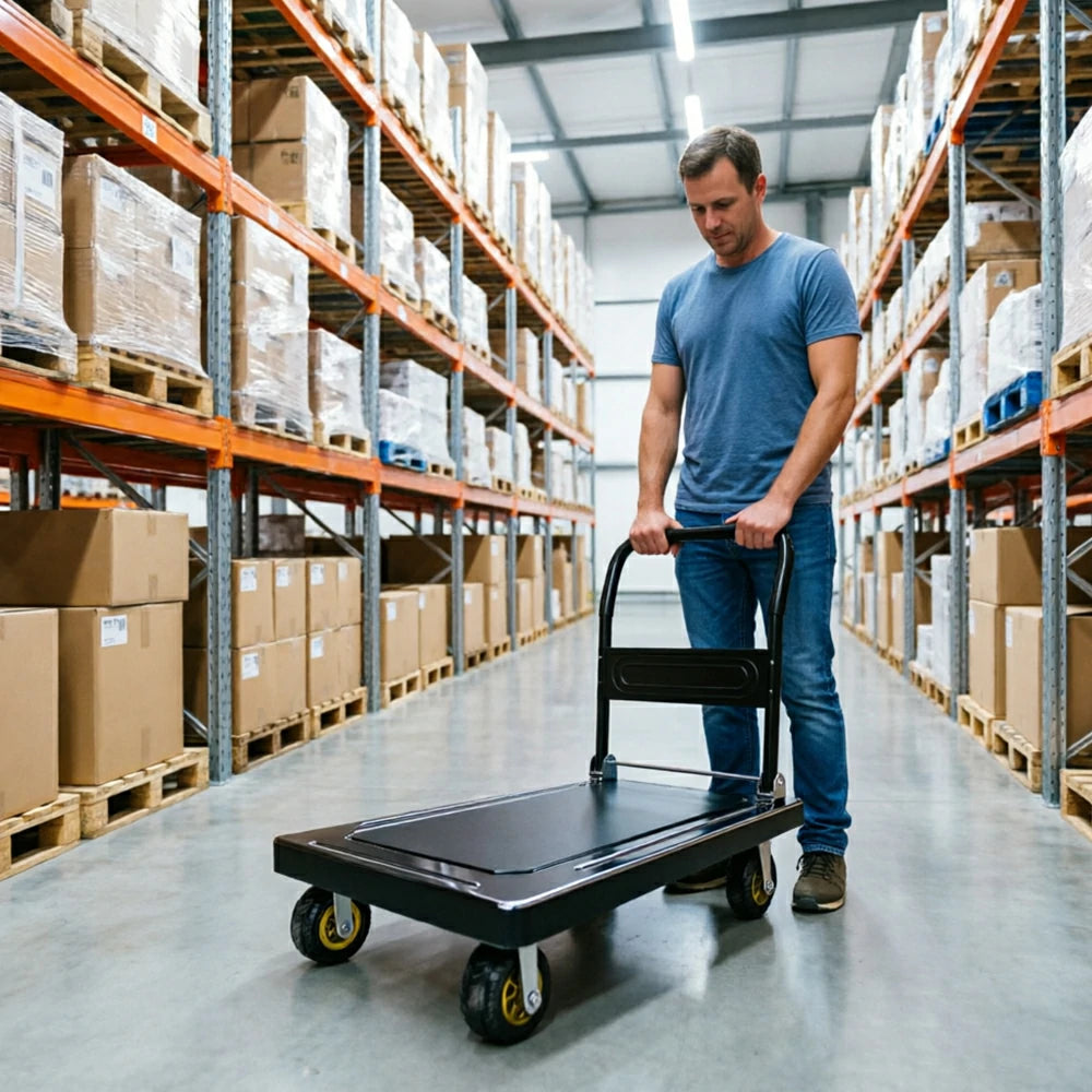 GROVIA Heavy Duty Steel Platform Trolley Thickened Steel Plate Reinforced Cross Beam Folding Handle 73/90cm for Warehouse Factory Use - Black