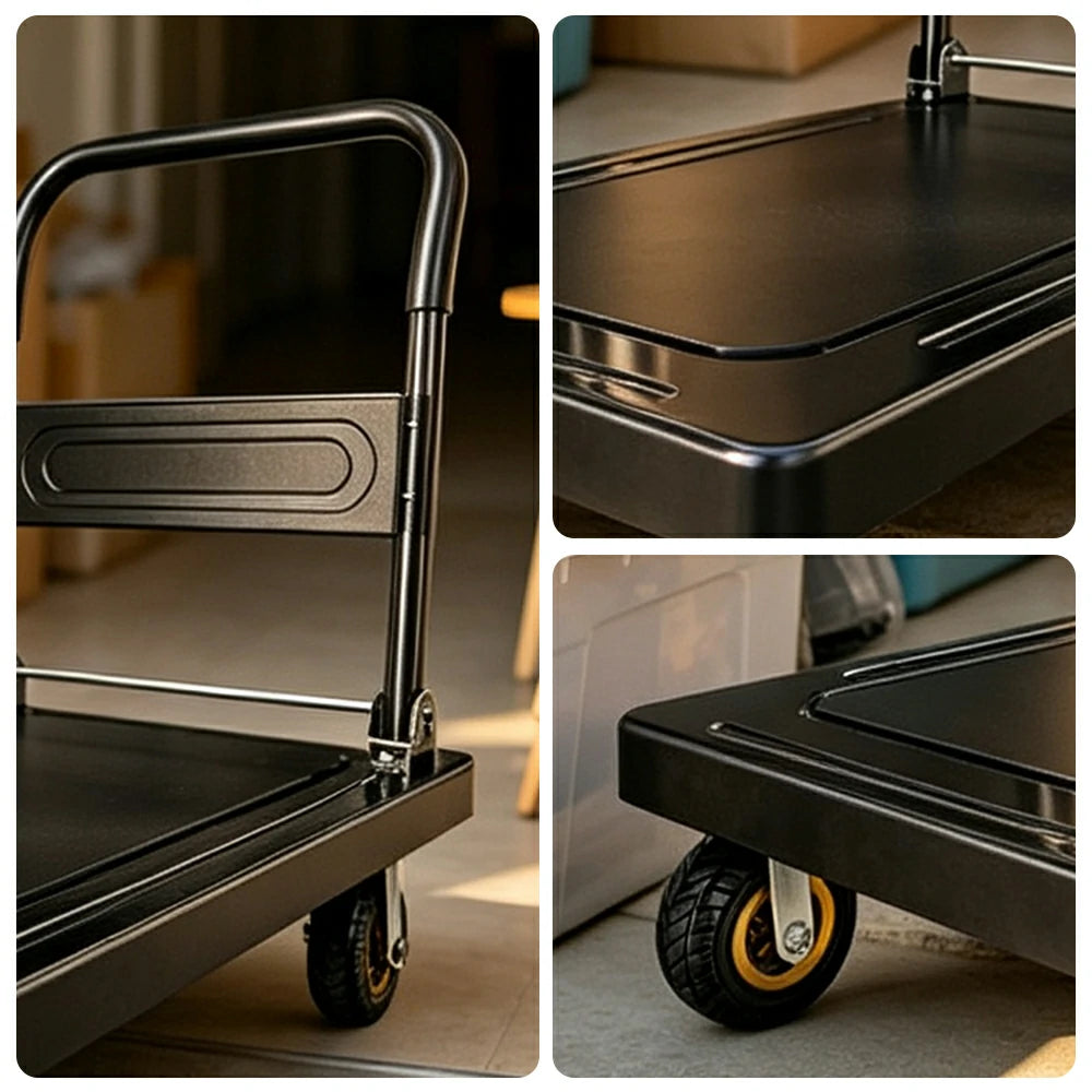 GROVIA Heavy Duty Steel Platform Trolley Thickened Steel Plate Reinforced Cross Beam Folding Handle 73/90cm for Warehouse Factory Use - Black