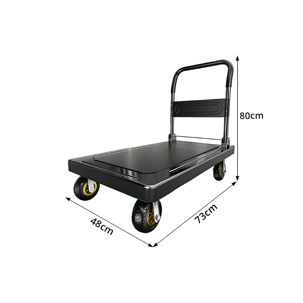 GROVIA Heavy Duty Steel Platform Trolley Thickened Steel Plate Reinforced Cross Beam Folding Handle 73/90cm for Warehouse Factory Use - Black