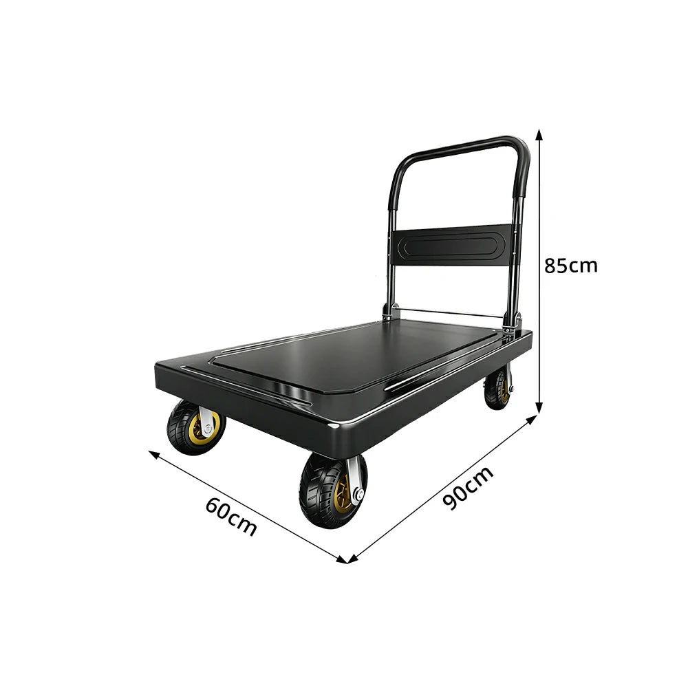 GROVIA Heavy Duty Steel Platform Trolley Thickened Steel Plate Reinforced Cross Beam Folding Handle 73/90cm for Warehouse Factory Use - Black