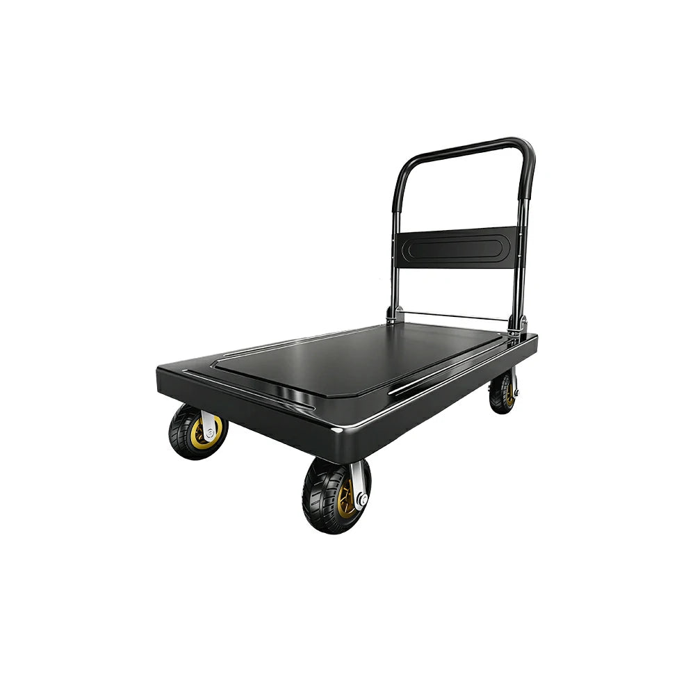 GROVIA Heavy Duty Steel Platform Trolley Thickened Steel Plate Reinforced Cross Beam Folding Handle 73/90cm for Warehouse Factory Use - Black
