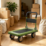 GROVIA Folding Platform Trolley Reinforced Steel Panel Heavy Duty Quiet Wheels Quick Fold Cart 72/90cm for Warehouse Home Use - Green