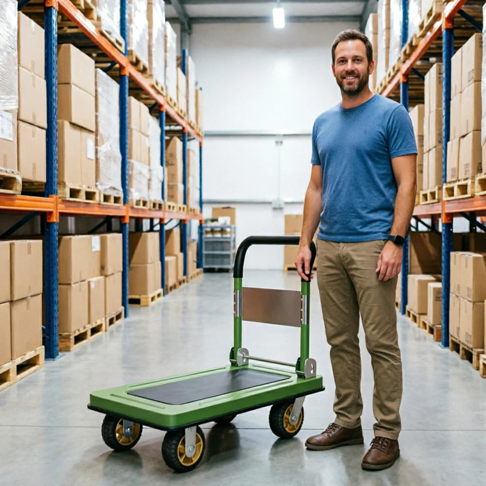 GROVIA Folding Platform Trolley Reinforced Steel Panel Heavy Duty Quiet Wheels Quick Fold Cart 72/90cm for Warehouse Home Use - Green