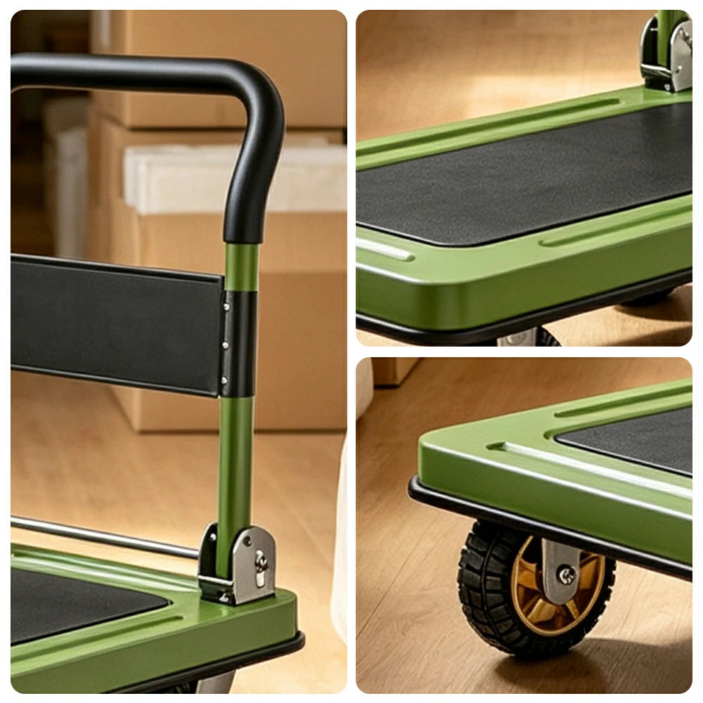 GROVIA Folding Platform Trolley Reinforced Steel Panel Heavy Duty Quiet Wheels Quick Fold Cart 72/90cm for Warehouse Home Use - Green