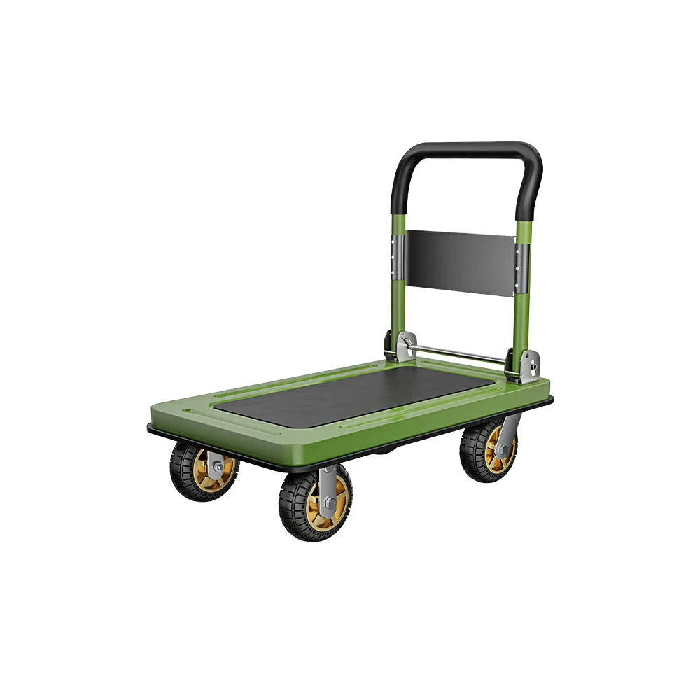 GROVIA Folding Platform Trolley Reinforced Steel Panel Heavy Duty Quiet Wheels Quick Fold Cart 72/90cm for Warehouse Home Use - Green