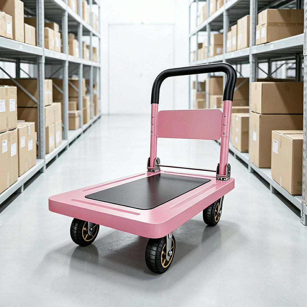 GROVIA Folding Platform Trolley Reinforced Steel Panel Heavy Duty Quiet Wheels Quick Fold Cart 72/90cm for Warehouse Home Use - Pink
