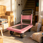 GROVIA Folding Platform Trolley Reinforced Steel Panel Heavy Duty Quiet Wheels Quick Fold Cart 72/90cm for Warehouse Home Use - Pink