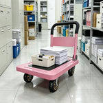 GROVIA Folding Platform Trolley Reinforced Steel Panel Heavy Duty Quiet Wheels Quick Fold Cart 72/90cm for Warehouse Home Use - Pink