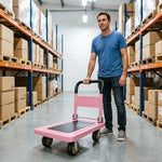 GROVIA Folding Platform Trolley Reinforced Steel Panel Heavy Duty Quiet Wheels Quick Fold Cart 72/90cm for Warehouse Home Use - Pink