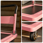 GROVIA Folding Platform Trolley Reinforced Steel Panel Heavy Duty Quiet Wheels Quick Fold Cart 72/90cm for Warehouse Home Use - Pink