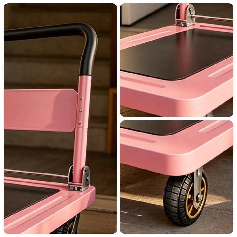 GROVIA Folding Platform Trolley Reinforced Steel Panel Heavy Duty Quiet Wheels Quick Fold Cart 72/90cm for Warehouse Home Use - Pink