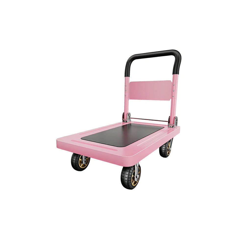 GROVIA Folding Platform Trolley Reinforced Steel Panel Heavy Duty Quiet Wheels Quick Fold Cart 72/90cm for Warehouse Home Use - Pink