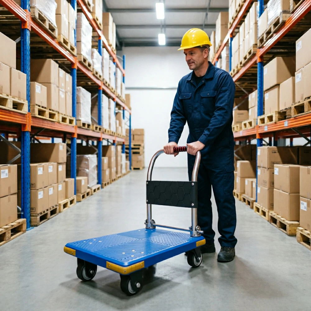 GROVIA Folding Platform Cart Heavy Duty Steel Handle Trolley with Anti Slip PP Deck Shock Absorbing Wheels for Courier Warehouse and Home Moving - Blue