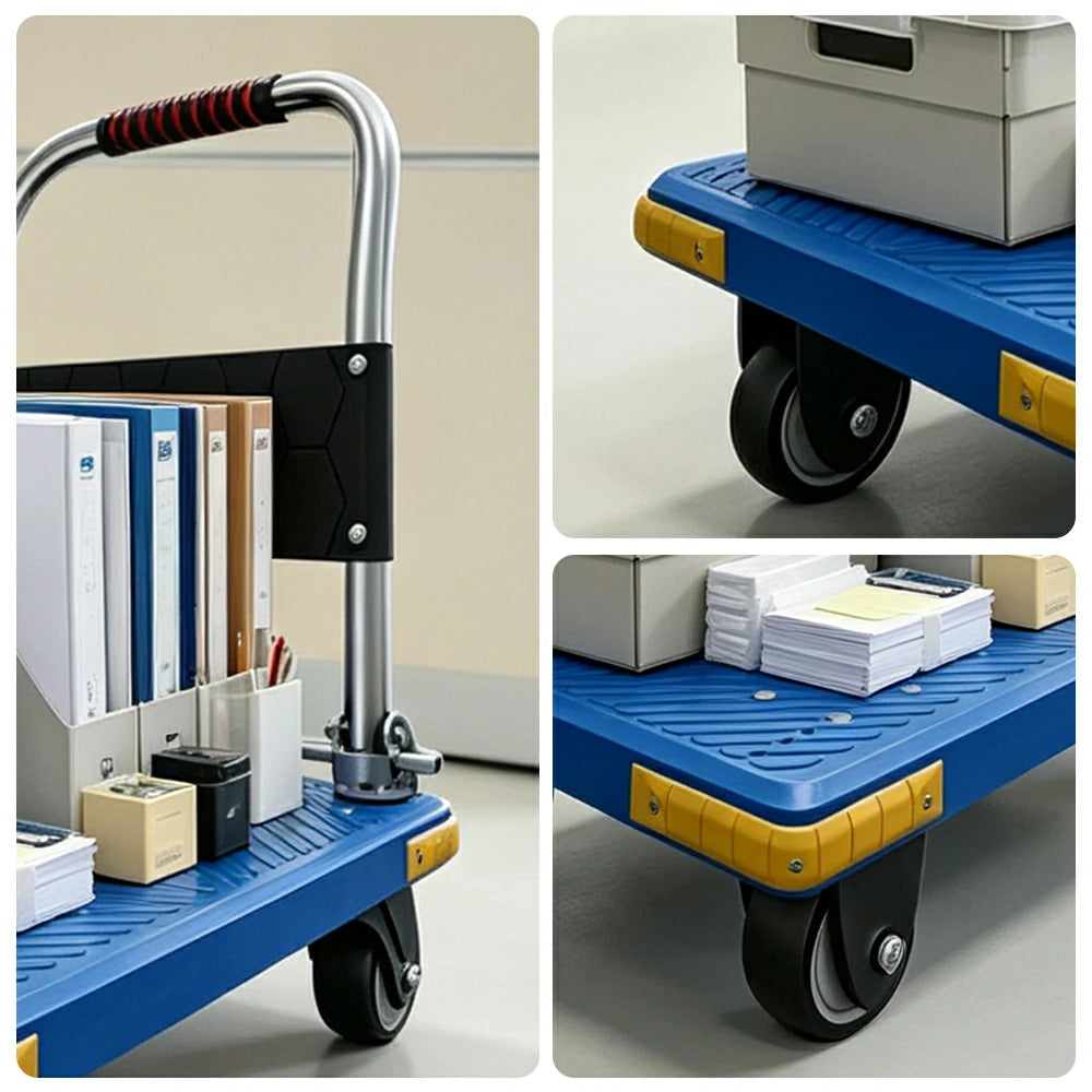 GROVIA Folding Platform Cart Heavy Duty Steel Handle Trolley with Anti Slip PP Deck Shock Absorbing Wheels for Courier Warehouse and Home Moving - Blue