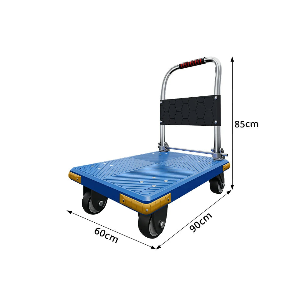 GROVIA Folding Platform Cart Heavy Duty Steel Handle Trolley with Anti Slip PP Deck Shock Absorbing Wheels for Courier Warehouse and Home Moving - Blue
