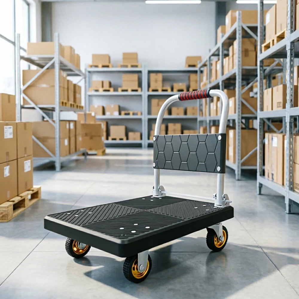 GROVIA Folding Platform Cart Heavy Duty Steel Handle Trolley with Anti Slip PP Deck Shock Absorbing Wheels for Courier Warehouse and Home Moving - Black