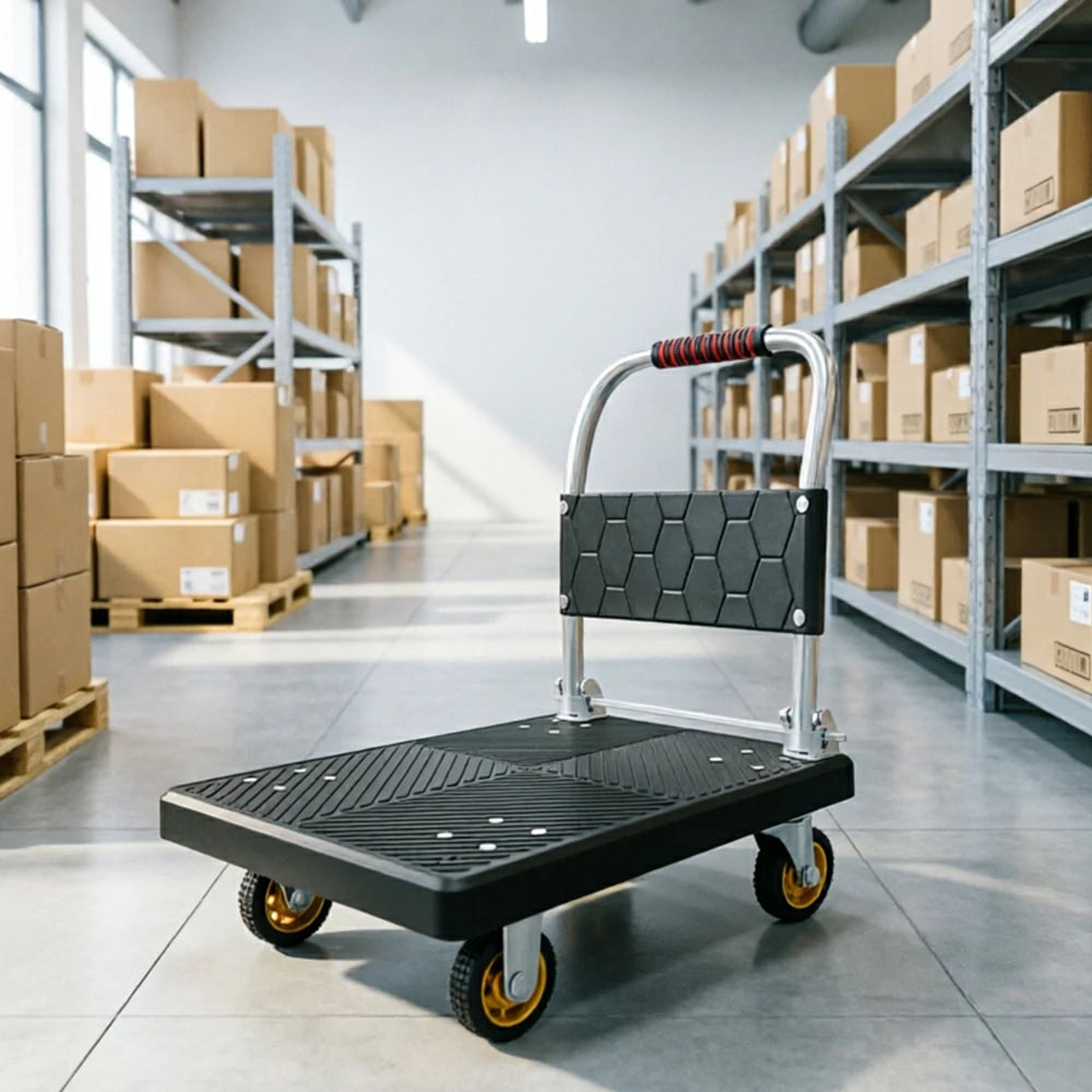 GROVIA Folding Platform Cart Heavy Duty Steel Handle Trolley with Anti Slip PP Deck Shock Absorbing Wheels for Courier Warehouse and Home Moving - Black