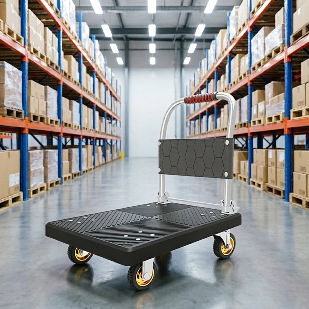 GROVIA Folding Platform Cart Heavy Duty Steel Handle Trolley with Anti Slip PP Deck Shock Absorbing Wheels for Courier Warehouse and Home Moving - Black