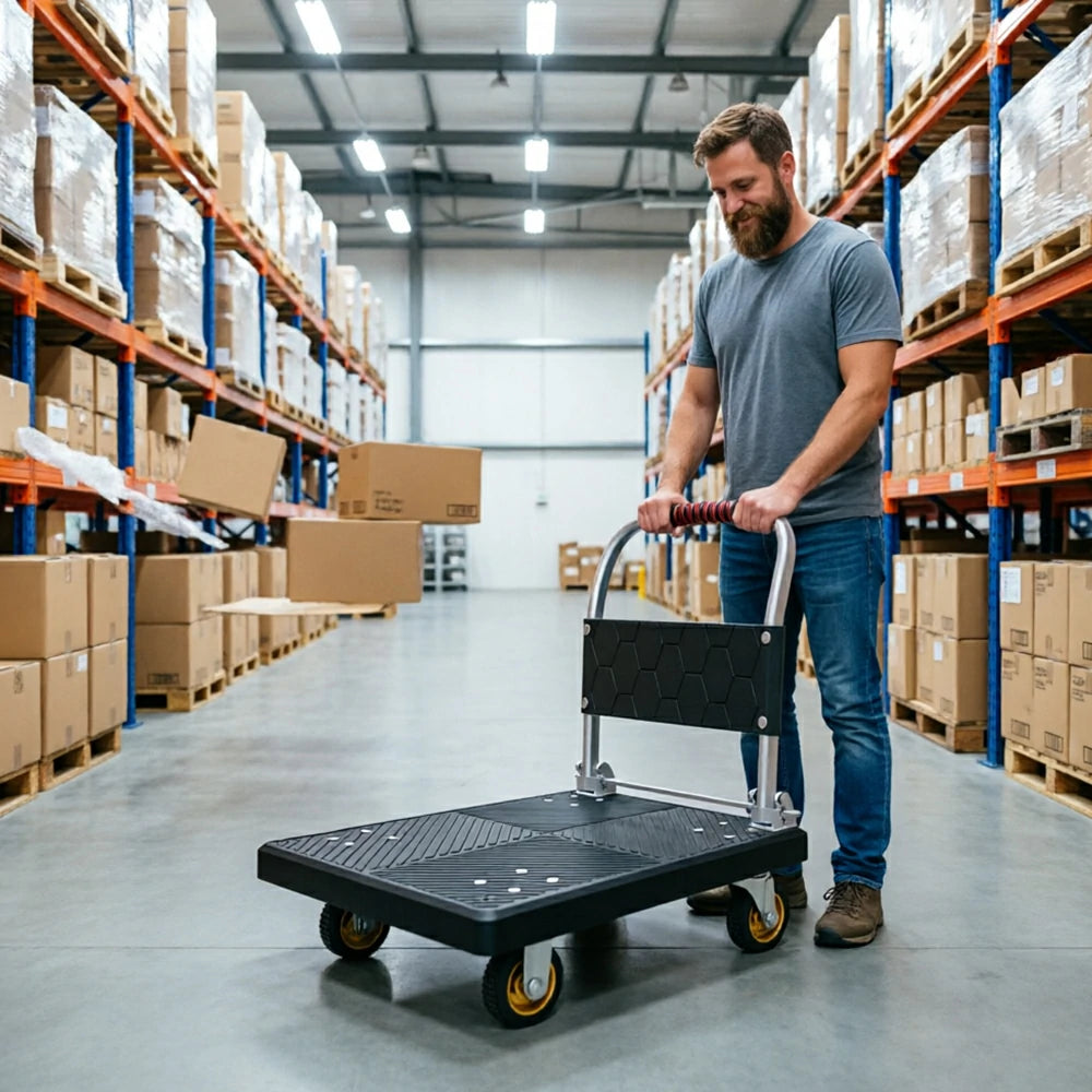 GROVIA Folding Platform Cart Heavy Duty Steel Handle Trolley with Anti Slip PP Deck Shock Absorbing Wheels for Courier Warehouse and Home Moving - Black