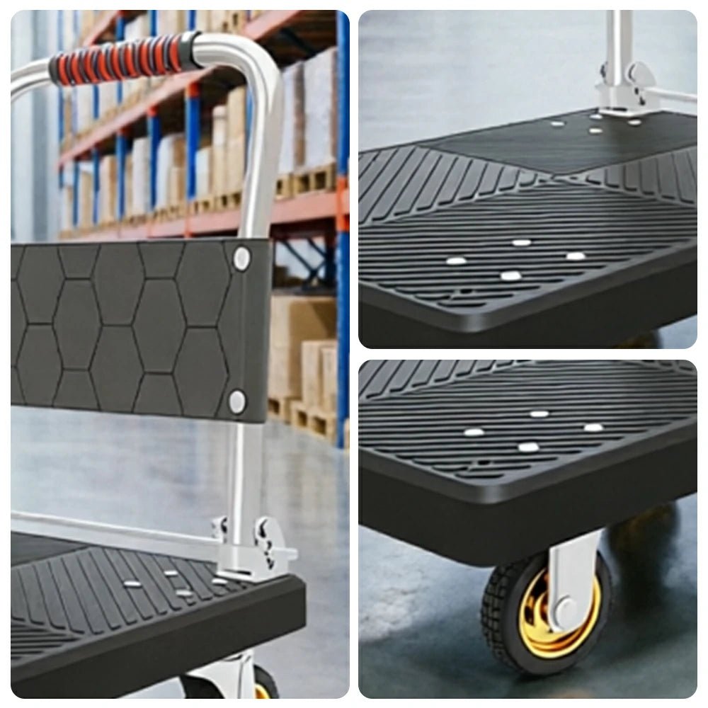 GROVIA Folding Platform Cart Heavy Duty Steel Handle Trolley with Anti Slip PP Deck Shock Absorbing Wheels for Courier Warehouse and Home Moving - Black