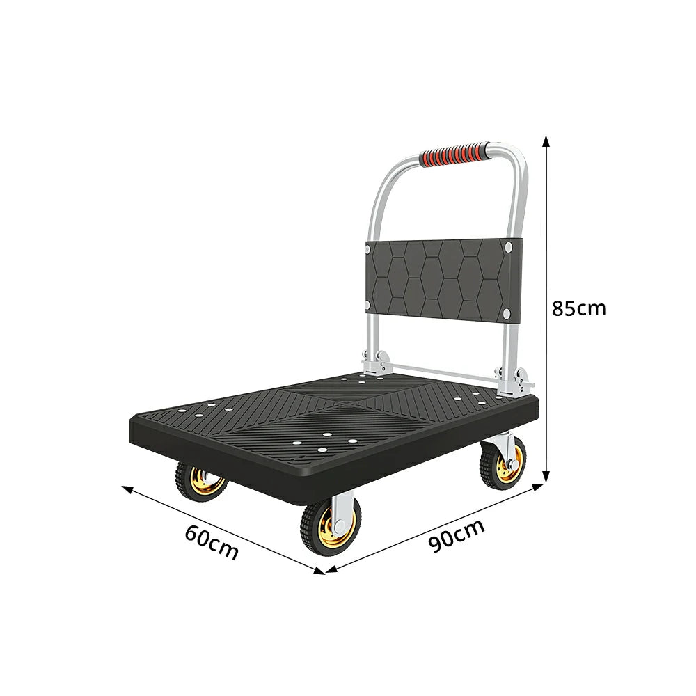 GROVIA Folding Platform Cart Heavy Duty Steel Handle Trolley with Anti Slip PP Deck Shock Absorbing Wheels for Courier Warehouse and Home Moving - Black