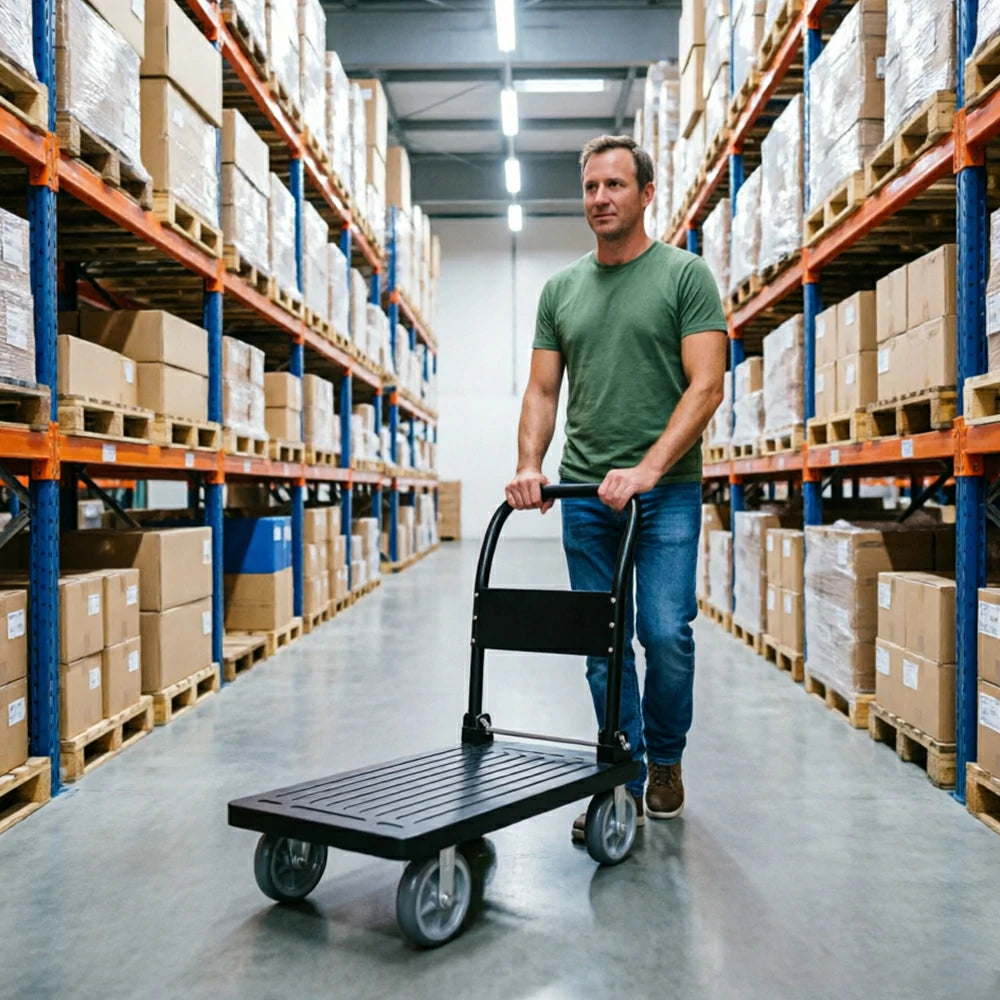 GROVIA Industrial Heavy Duty Steel Platform Trolley Folding Handle Dual Bearing Wheels for Warehouse Factory and Logistics Use - Black