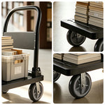 GROVIA Industrial Heavy Duty Steel Platform Trolley Folding Handle Dual Bearing Wheels for Warehouse Factory and Logistics Use - Black