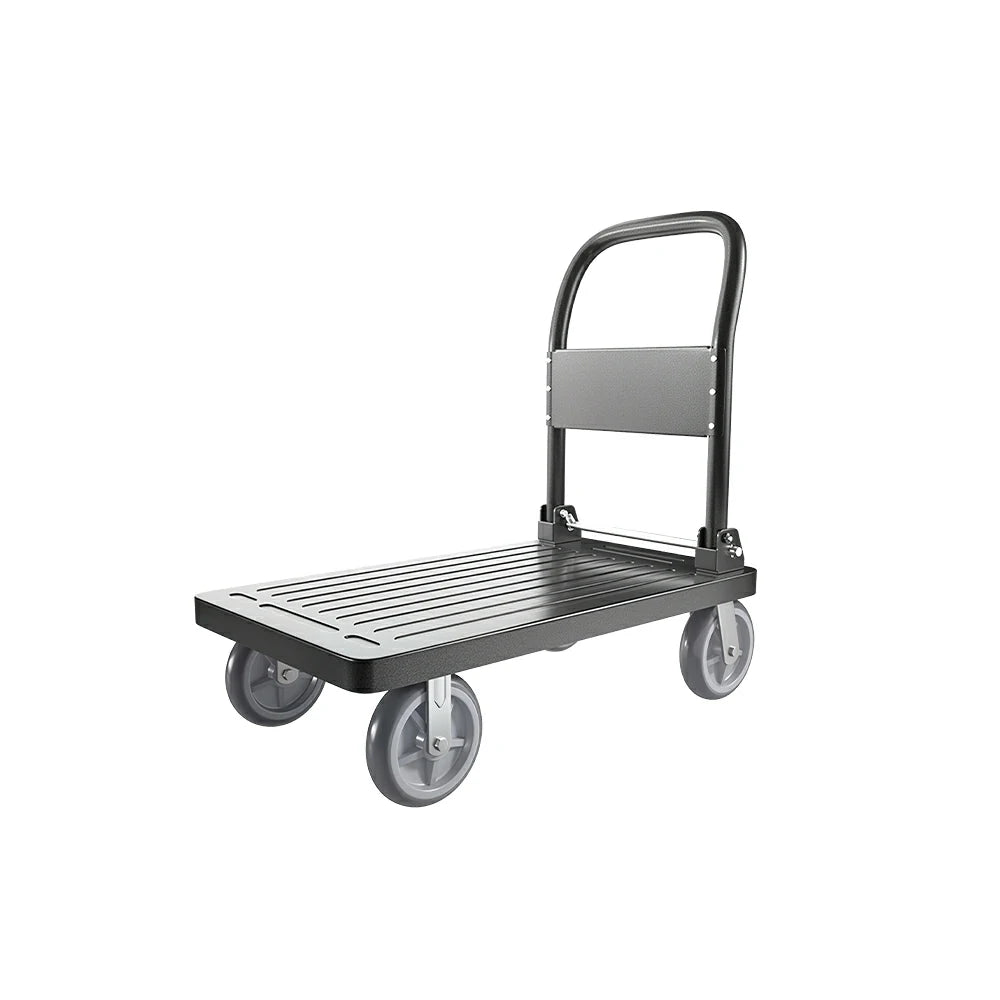 GROVIA Industrial Heavy Duty Steel Platform Trolley Folding Handle Dual Bearing Wheels for Warehouse Factory and Logistics Use - Black