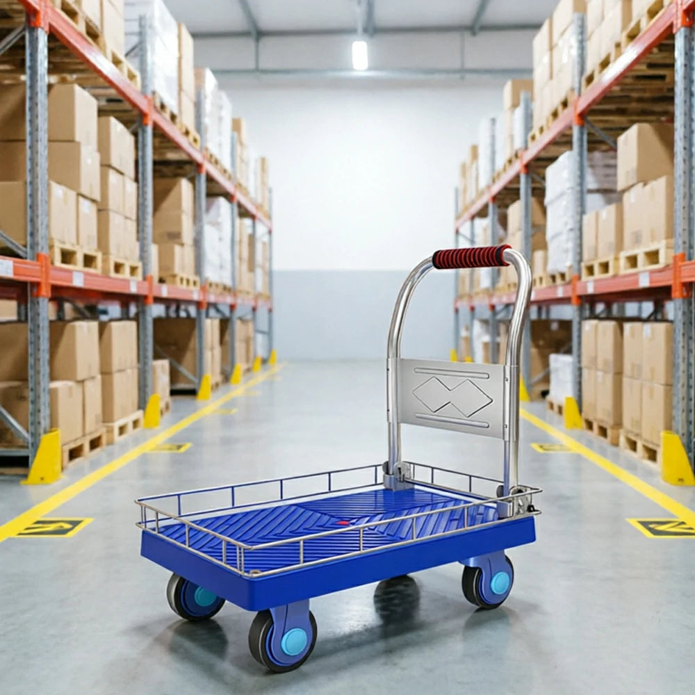 GROVIA Folding Platform Trolley with Guard Rails Reinforced Steel Deck Silent Wheels and Ergonomic Handle for Home Office and Warehouse Use - Blue