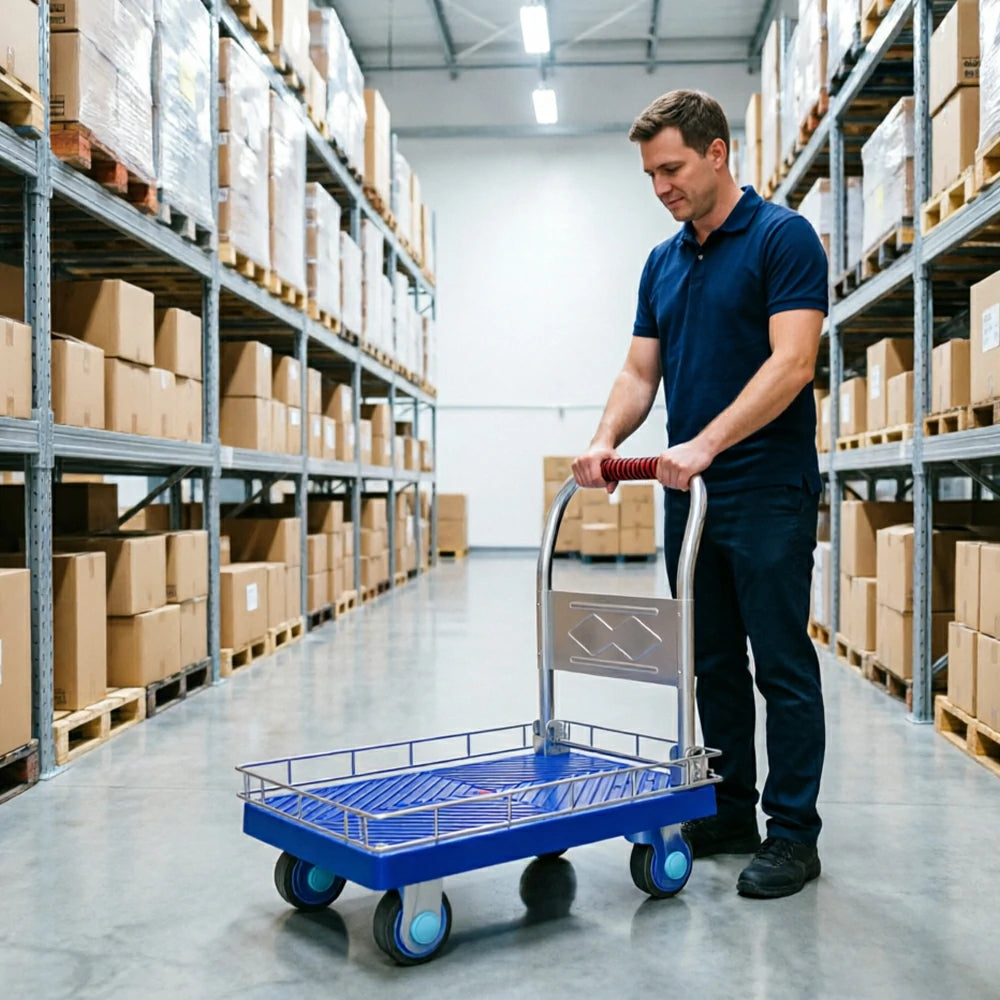 GROVIA Folding Platform Trolley with Guard Rails Reinforced Steel Deck Silent Wheels and Ergonomic Handle for Home Office and Warehouse Use - Blue