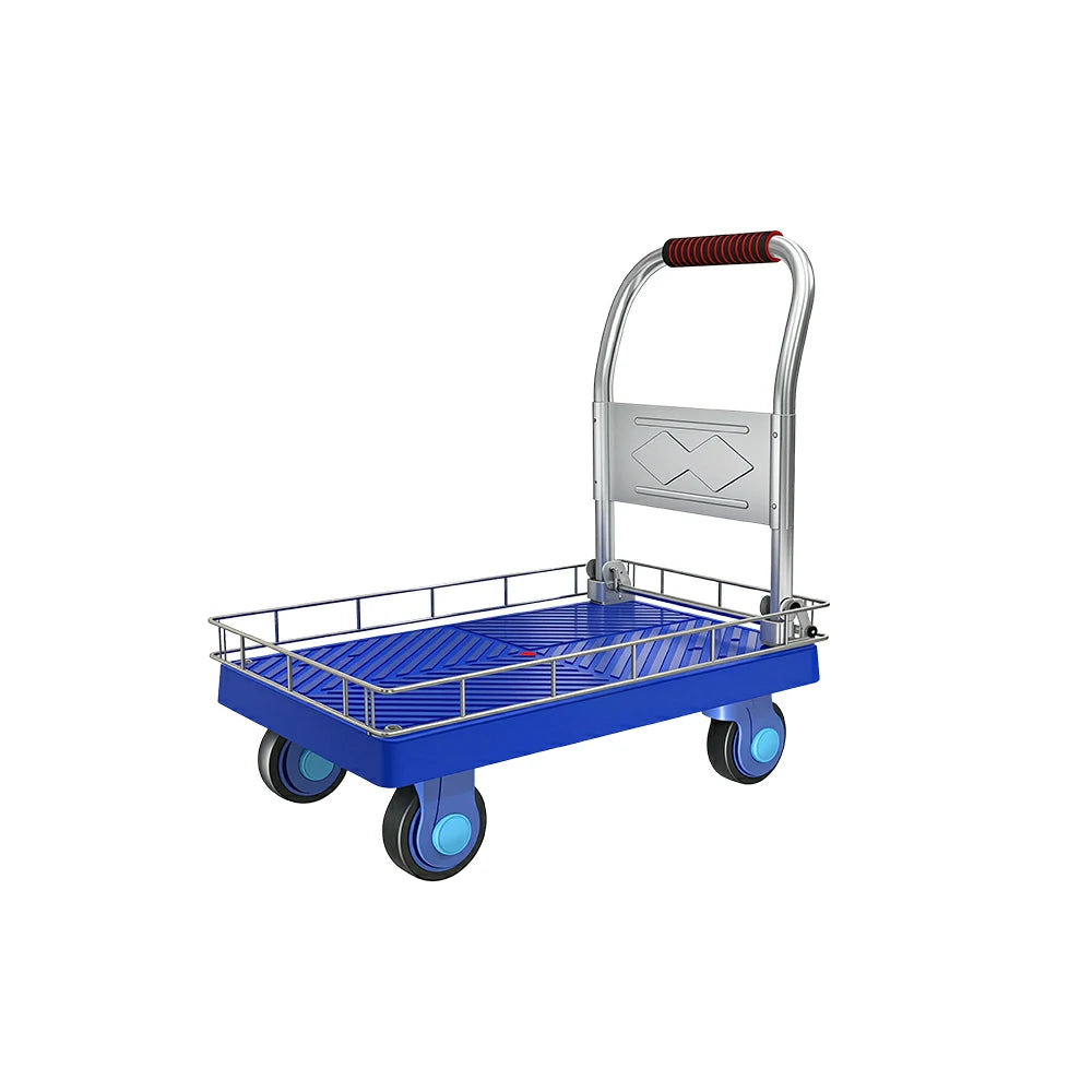 GROVIA Folding Platform Trolley with Guard Rails Reinforced Steel Deck Silent Wheels and Ergonomic Handle for Home Office and Warehouse Use - Blue