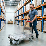 GROVIA Folding Platform Trolley with Guard Rails Reinforced Steel Deck Silent Wheels and Ergonomic Handle for Home Office and Warehouse Use - Silver