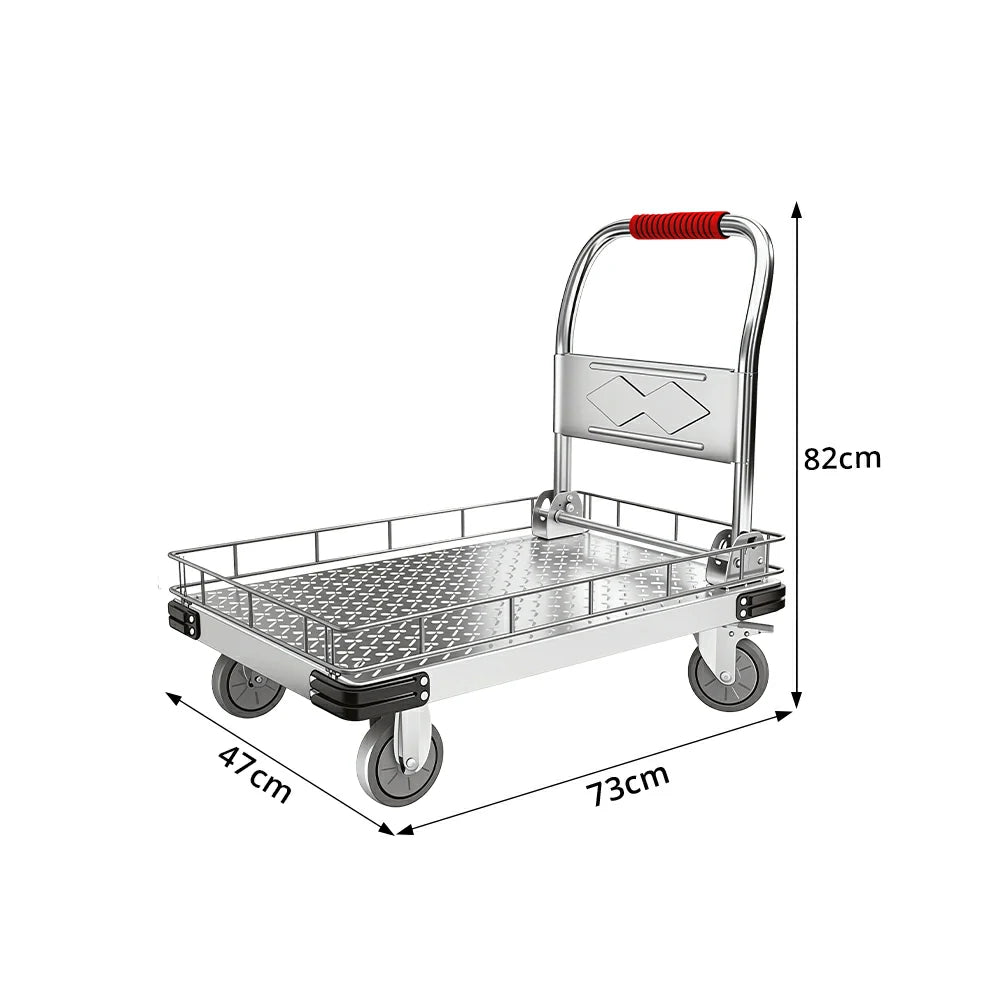 GROVIA Folding Platform Trolley with Guard Rails Reinforced Steel Deck Silent Wheels and Ergonomic Handle for Home Office and Warehouse Use - Silver