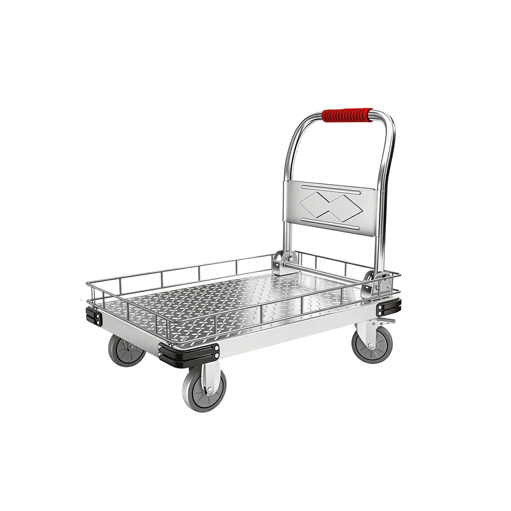 GROVIA Folding Platform Trolley with Guard Rails Reinforced Steel Deck Silent Wheels and Ergonomic Handle for Home Office and Warehouse Use - Silver