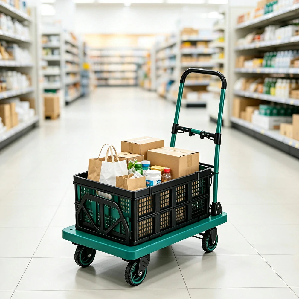GROVIA 3 in 1 Folding Trolley Heavy Duty Cart with Brake Wheels Adjustable Handle for Warehouse Courier and Home Moving Use