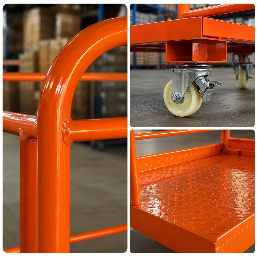 GROVIA Heavy-Duty Utility Trolley Reinforced Frame 360-Degree Swivel Wheels for Garden Warehouse Farm & Construction Use - Orange