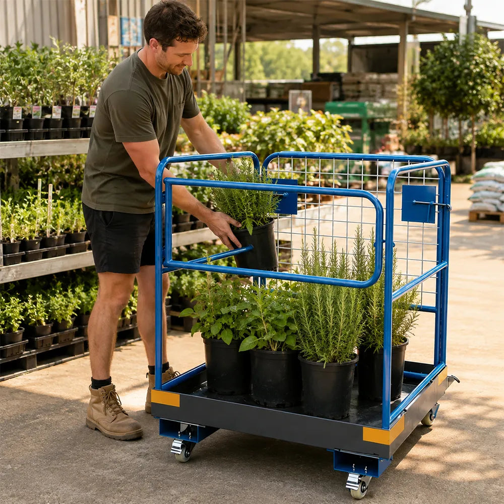 GROVIA Heavy-Duty Utility Trolley Reinforced Frame 360-Degree Swivel Wheels for Garden Warehouse Farm & Construction Use - Blue
