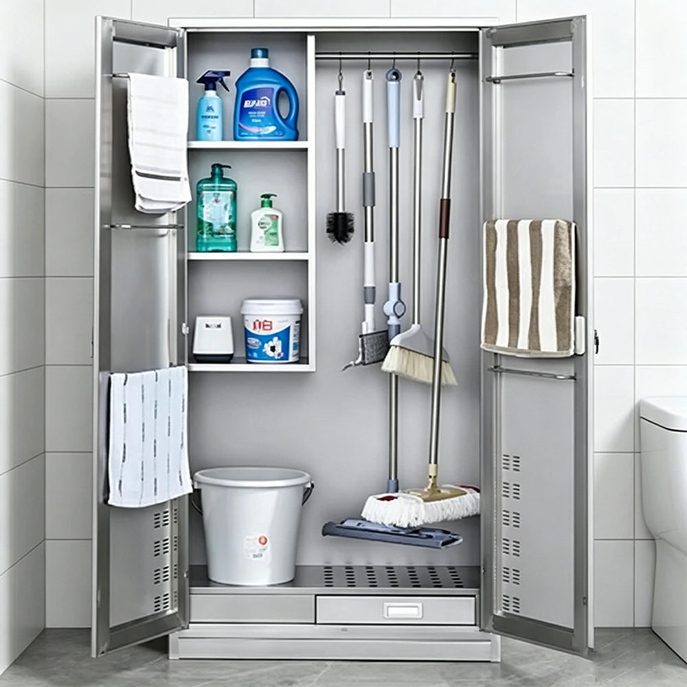 GROVIA 201 Stainless Steel Cleaning Cabinet Double Door 900mm Width Heavy Duty Storage Locker for Utility Room - Silver