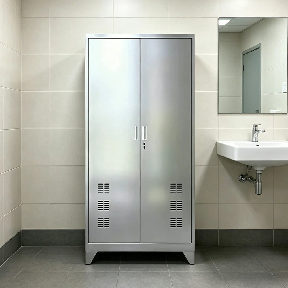 GROVIA 201 Stainless Steel Cleaning Cabinet Double Door Raised Base 900mm Width Heavy Duty Storage Locker for Utility Room - Silver