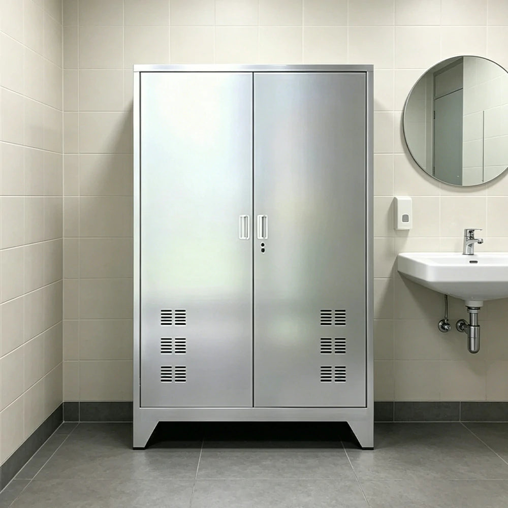 GROVIA 201 Stainless Steel Cleaning Cabinet Double Door Raised Base 1200mm Width Heavy Duty Storage Locker for Utility Room - Silver